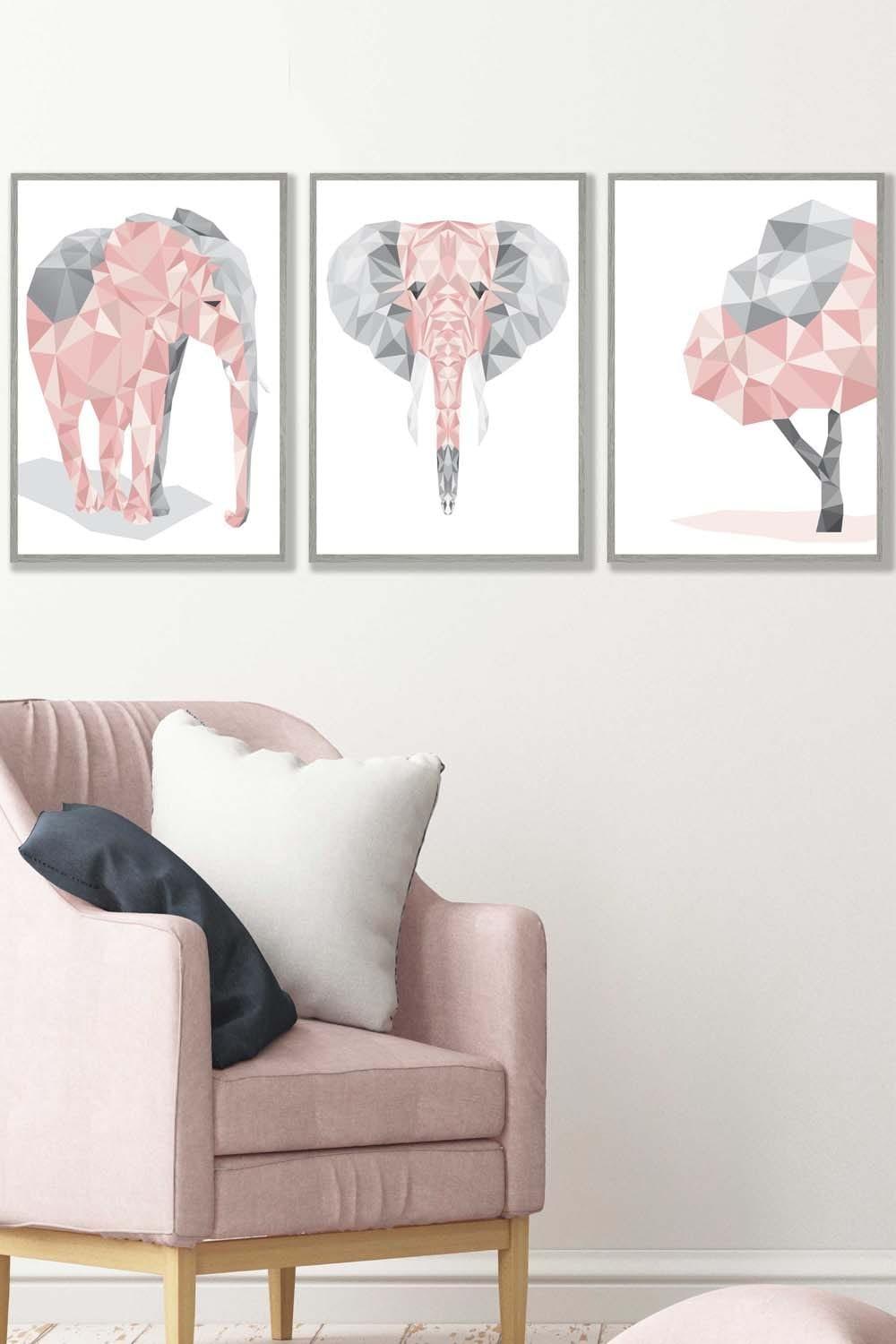 Geometric Pink Grey Elephant Set Framed Wall Art - Medium